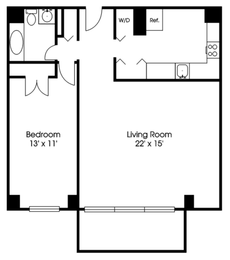 Floor plan for 1 bed, 1 bath, 805 sqft